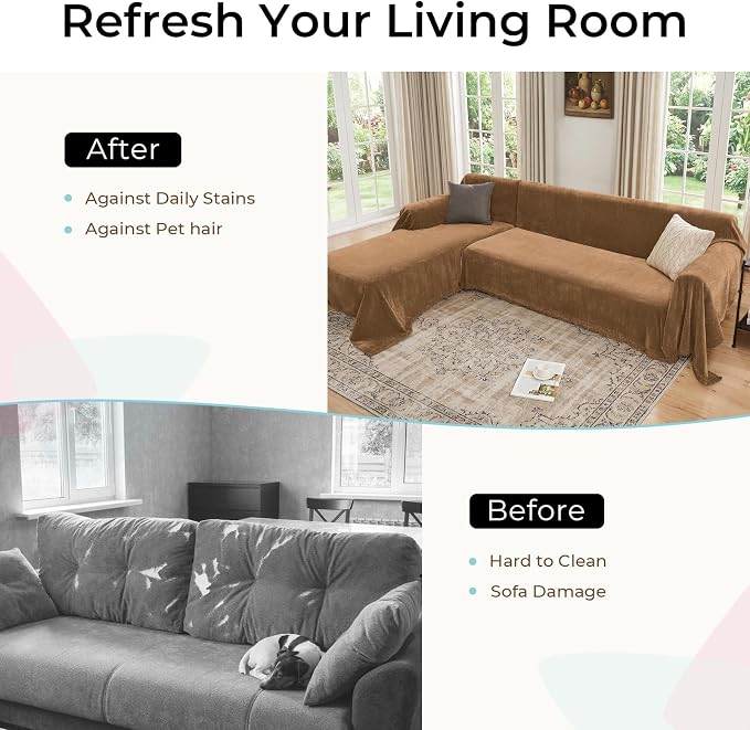 CAPALOCA Sectional Couch Covers, 2 Pieces Chenille Sofa Cover L Shaped Couch Cover Blanket for Dogs Washable Sofa Slipcovers Pet Furniture Protector (X-Large: 71" x 110" + 71" x 118", Brown)