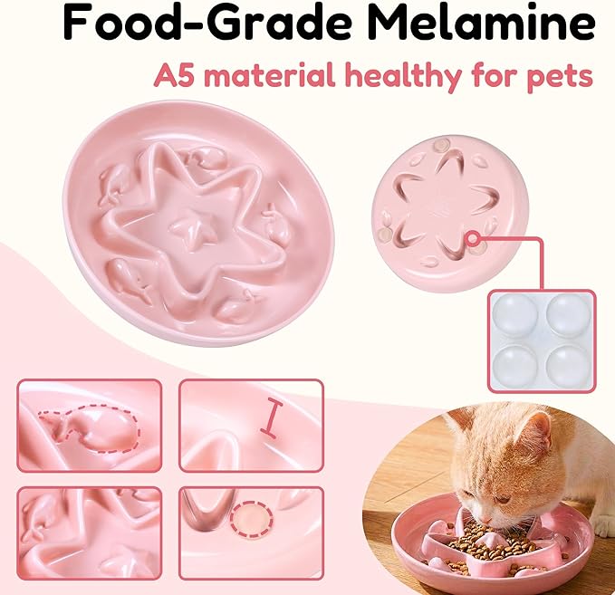 3 Pcs Cat Slow Feeder Bowl – Whisker Friendly Melamine Puzzle Feeding Cat Bowl for Slow Eating – Wet & Dry Food – Dishwasher Safe, Lightweight, Non-Slip (Blue+Pink+Green, 6.3'')
