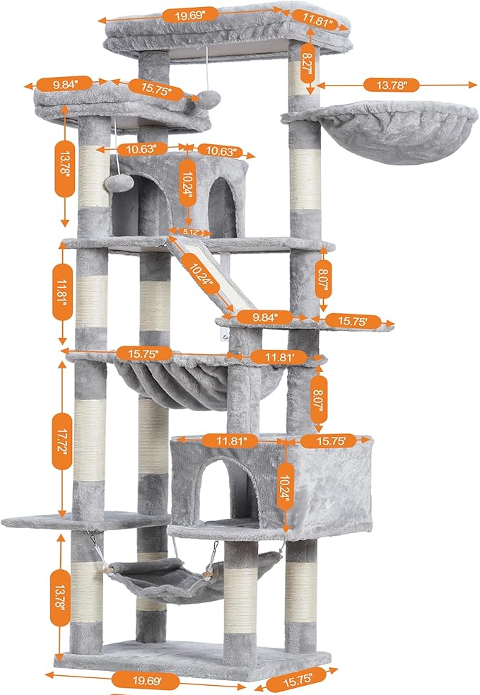 Heybly Cat Tree, 71-Inch-Tall Tower for Indoor Cats with 2 Perches, 2 Big Condos, 2 Hammocks, Basket, Scratching Pad, Large Cat Furniture and Condo, Light Gray HCT034W