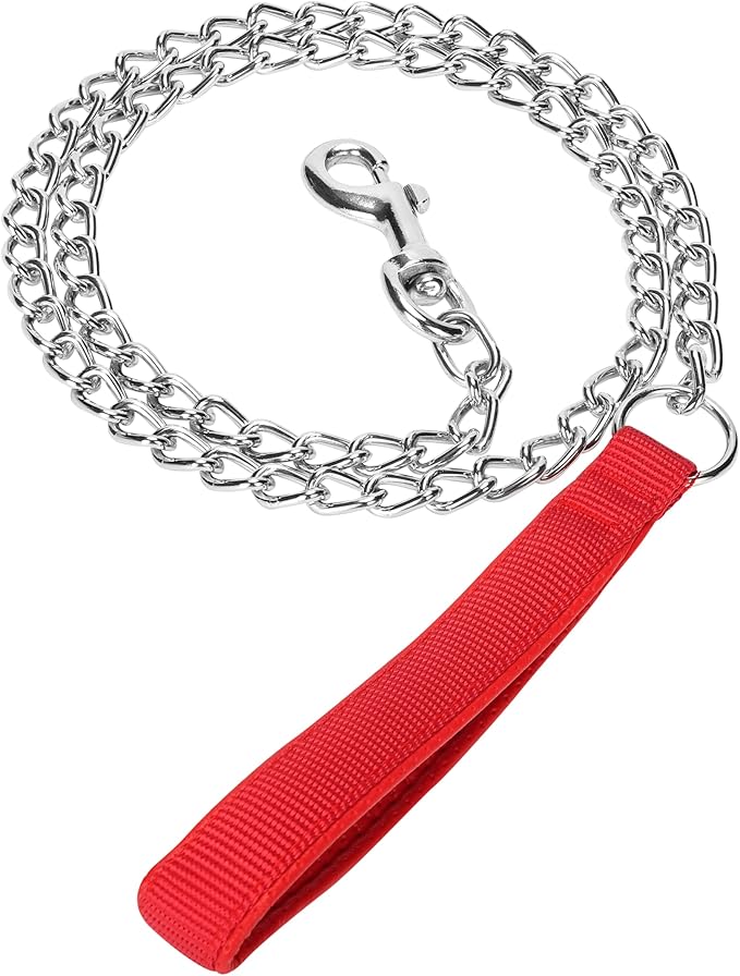 SGODA Metal Chain Heavy Duty Dog Leash, Chew Proof Dog Leash with Soft Handle for Over 50 lbs Large Size Pets Walking(4 ft. x 4.0 mm Red)