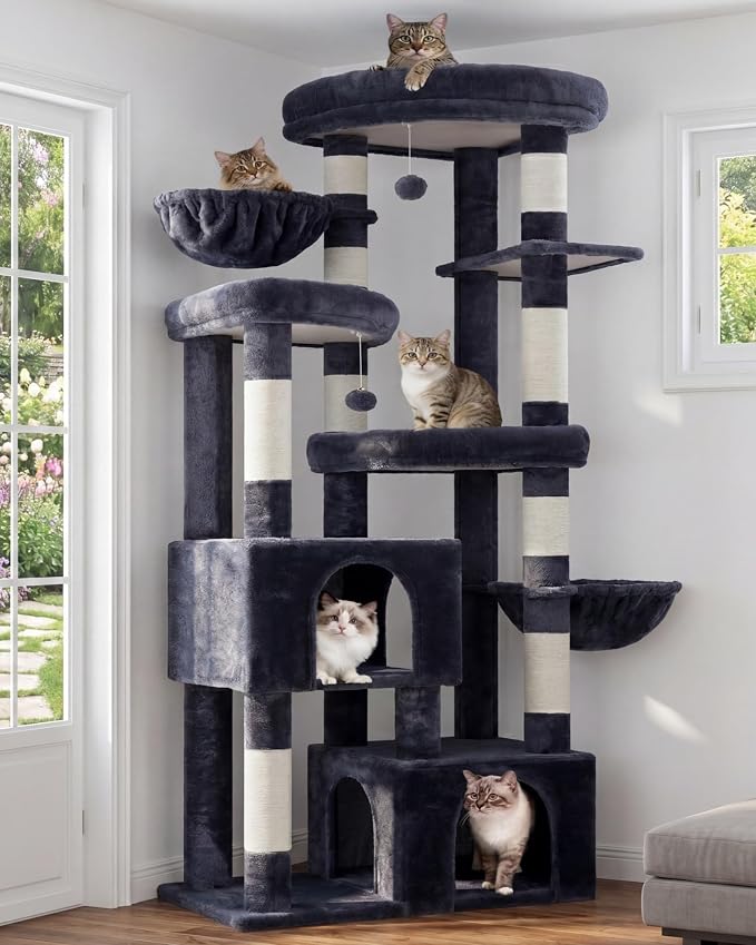 Hey-brother Cat Tree, 67.3 Inches Tower with 3 Soft Platform Beds, 2 Large Condos, 9 Sisal Scratching Posts, 2 Hammocks and Toys, Multi-Level Step House for Multiple Indoor Kittens, Smoky Gray MPJ084G