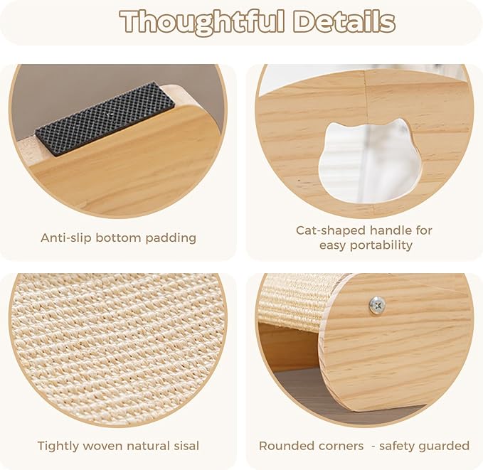 Avont Sisal Cat Scratcher Bed for Indoor Cats, Solid Wood Cat Scratching Lounge, No-Mess Horizontal Scratcher -Large