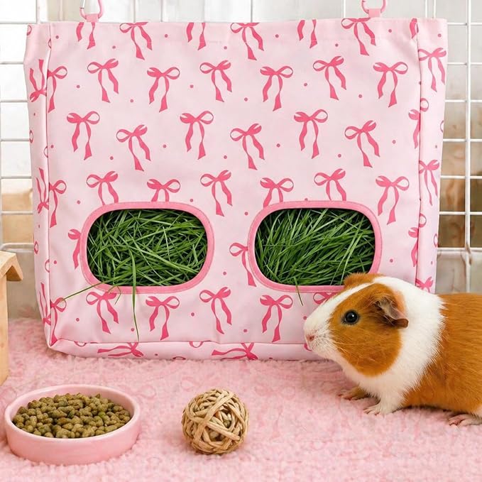 JarThenaAMCS 2Pcs Rabbit Hay Feeder Bag with 2 Holes Pink Bow Guinea Pig Hanging Hay Feeding Bag Large Storage Dispenser for Chinchilla Hamster Bunny Small Animal Pet