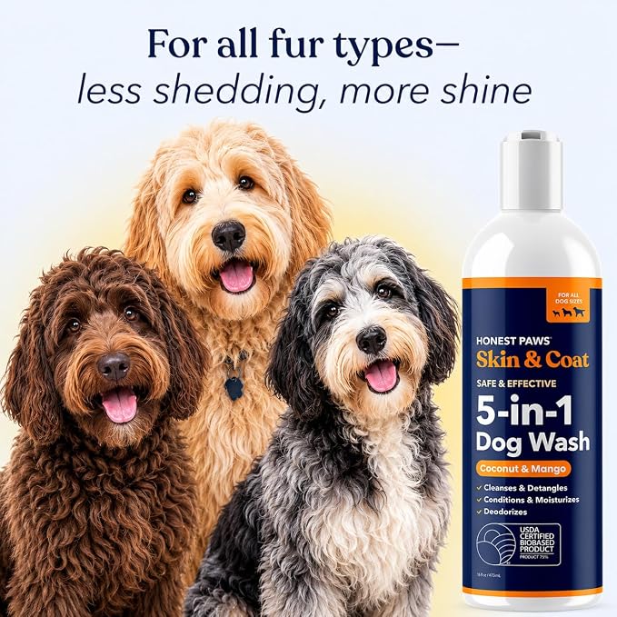 Honest Paws Dog Shampoo and Conditioner - Premium Dog Wash for Allergies and Dry, Itchy, Moisturizing for Sensitive Skin - Sulfate Free, Plant Based, All Natural - Coconut & Mango -16 Fl Oz