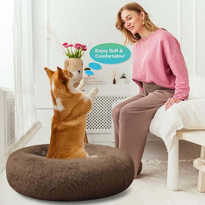 SAVFOX 45 inches Calming Donut Dog Bed - 3X Durable Plush Faux Fur, Machine Washable & Non-Slip, Fits up to 150 lbs, Brown