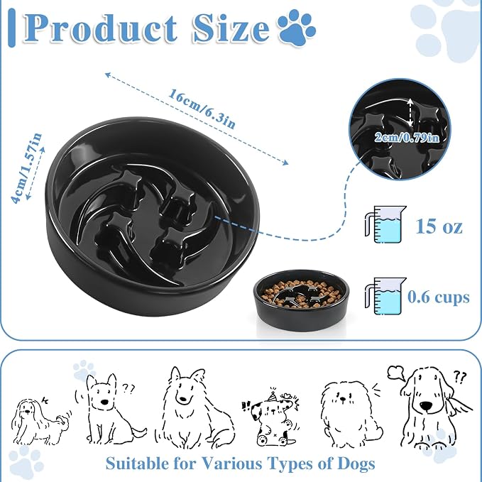 Ceramic Slow Feeder Dog Bowls, 1 Cups Dog Food Dish for Small and Medium Breed, Puzzle Dog Food Bowl for Fast Eater, 15OZ, 6.3 inch(Black)