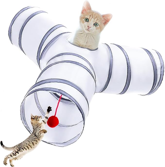 Cat Tunnel Tube Toys, Tunnels for Indoor Cats, 3 Way Colorful White Gray Collapsible Interactive Toy with Balls for Rabbits, Kittens, Ferrets, Puppy