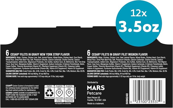 Cesar Filets in Gravy Adult Wet Dog Food Variety Pack, Filet Mignon and New York Strip Flavors, 3.5 oz. Easy Peel Dog Food Tray, 12 Count (Pack of 1)