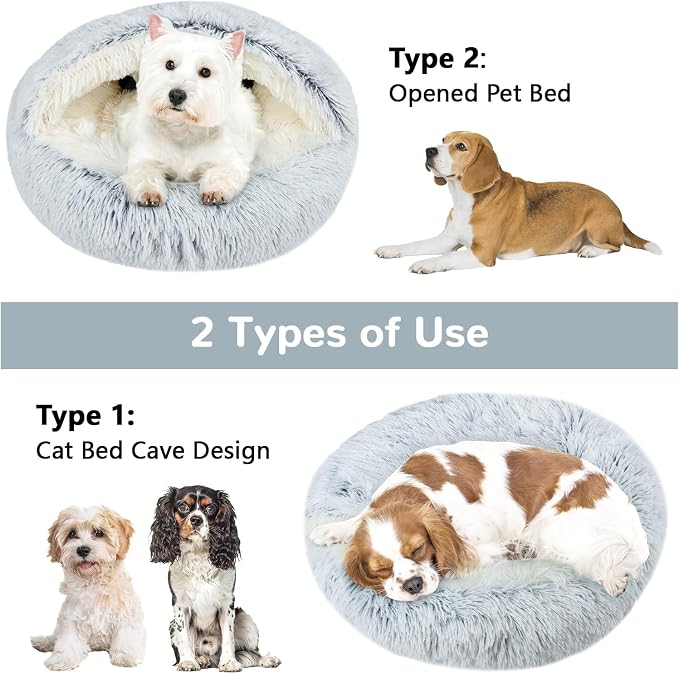 Calming Cat Beds, Fluffy Plush Round Cat Cave Washable, Cozy Warming Anti-Slip Small Dog Bed for Puppy and Kitten, Soft Anti Anxiety Pet Nest (28×28 inch, Grey)