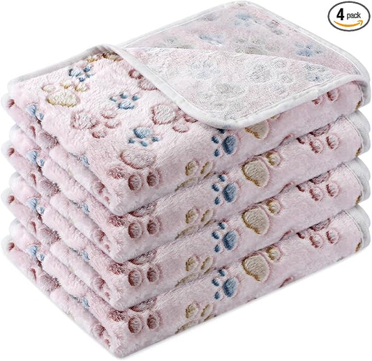 Tatuo 4 Pack Fleece Dog Blankets for Puppy Cats Multi-Size Sleep Mat for Pet Guinea Pig Soft Washable Warm Crate Bed Puppy Teething Toys Print Pattern Blanket Indoor(Beige,41 x 30 Inch,Paw)