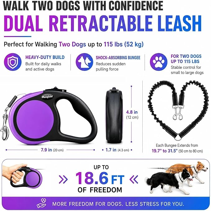 Double Retractable Dog Leash for Two Dogs Up to 50 lbs - 16 ft Coupler Leashes for Small Medium Dogs - One Locked System, Non Slip Grip, Tangle Free (Purple)