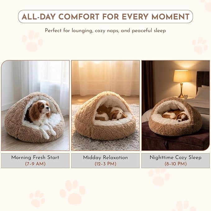 Calming Plush Dog Bed, Hooded Cave Style, PP Cotton Filling, for Small and Medium Pets (Brown, Small)