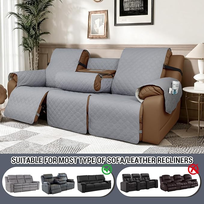 Waterproof Recliner Sofa Covers with Flipped Middle Backrest Washable Recliner Couch Covers Non-Slip with Elastic Straps Furniture Protector for Kid Dogs Pets (Light Grey)