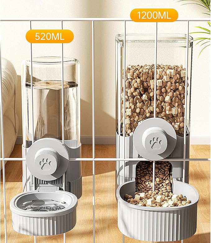 Hanging Automatic Food Water Dispenser,Rabbit Feeder Guinea Pig Water Bottle Food Feeder for Ferret Guinea Pig Rabbit Bunny Cage Accessories (Grey, 520ml+1200ml)