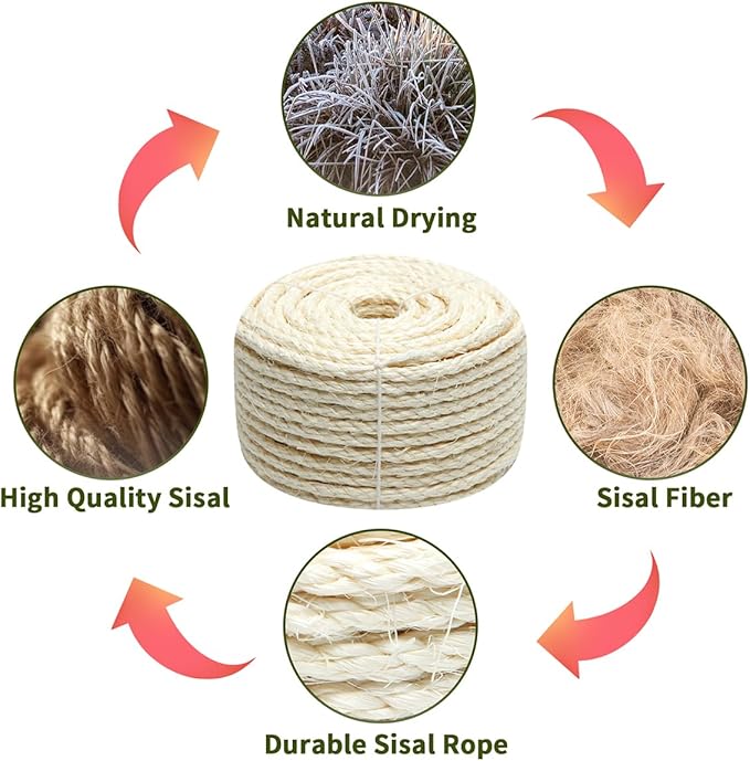 White Sisal Rope 1/4 Inch by 32-Feet for Cat Scratching Post Tree Tower Replacement Repair and Replace, DIY Hemp Twine Rope for Kittens Shelves Furniture Window Bed Perch House Climbing, 6mm by 10m