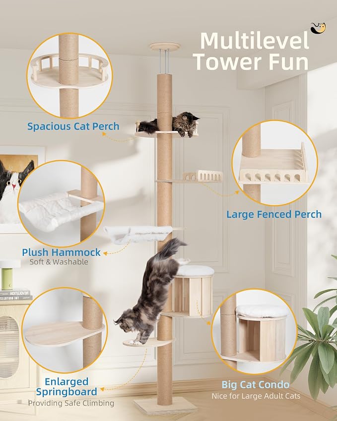Aechonow Floor to Ceiling Cat Tree for Large Cats, Tall Cat Tower with Scratching Post, Adjustable Height(82-122 in), Large Condo Cave Bed Hammock for Indoor Cats, Wood