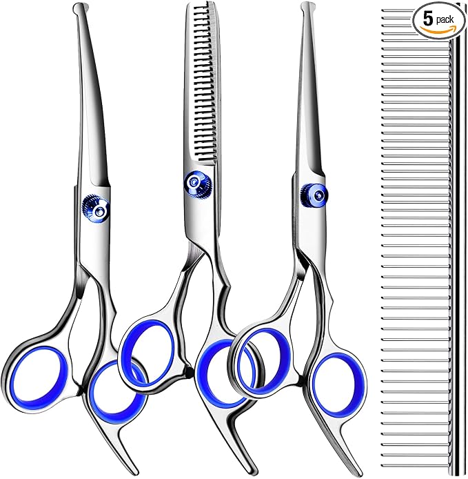 TINMARDA Dog Grooming Kit, Professional Stainless Steel Dog Grooming Scissors with Curved Shears, Blue Finger Rings - 4 Piece Sharp Durable Pet Shears for Dogs Cats At Home Salon-Quality Grooming