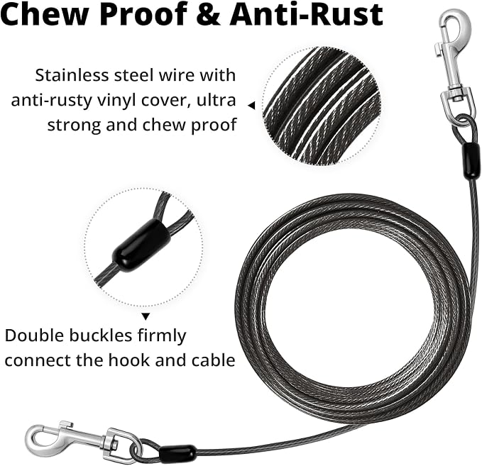 jenico Dog Tie Out Cable: 15ft Dog Leads for Yard Heavy Duty - Reflective Chain Leash for Outside Small Large Dogs Up to 125lbs Outdoor Runner Camping