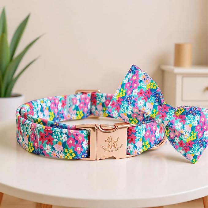 Elegant Little Tail Spring Floral Dog Collar, Cute Girl Dog Collars with Bow - Wildflowers Pink Puppy Collar, Adjustable Female Dog Collars Bowtie for Small Medium Large Dogs