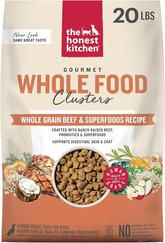 The Honest Kitchen Human Grade Dry Dog Food, Whole Food Clusters Whole Grain Dry Dog Food, Beef & Oats, 20lb Bag