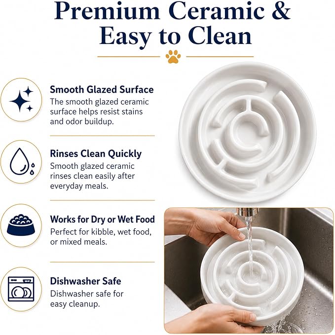 Ceramic Slow Feeder Dog Bowls with Anti-Slip, Slow Feeder & Non-Slip Design, Boredom and Anxiety Reducer, Suitable for All Breed Dogs and Cat (Ceramic-White)