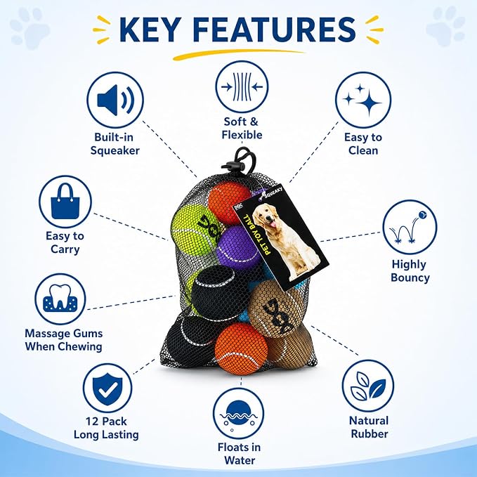 INSUM Squeaky Tennis Balls for Dogs - Bulk 50 Pack 2.5'' Durable Non-Toxic Outdoor Dog Toys Balls with Mesh Bag, SGS Certified, Colorful Fetch Toys, Medium Large Breeds