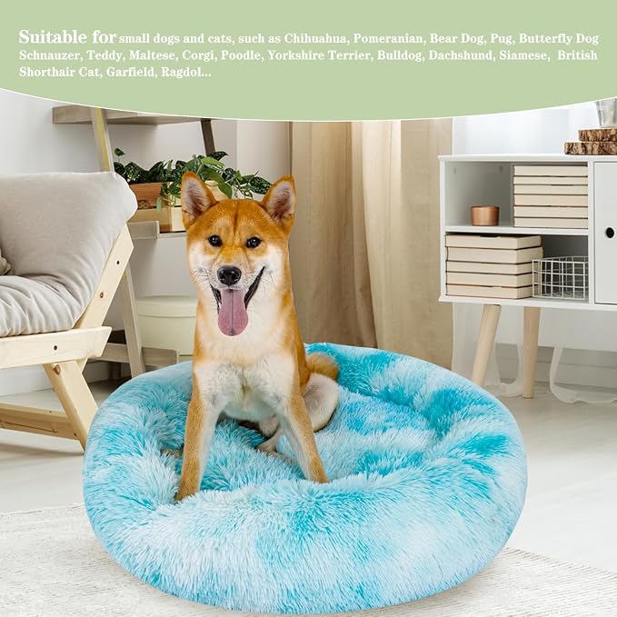 Calming Dog Bed for Medium Dogs Cats, Puppy 31'' Round Anti-Anxiety Warm Fluffy Plush Faux Fur Bed, Soft Anti-Slip Donut Washable, Cozy Medium Puppy Bed, Fits up to 50 lbs Pets