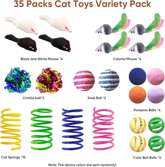 Cat Toys for Indoor Cats, 35 Packs Interactive Cat Toys Set with Colorful Springs, Mouse Cat Toy, Crinkle, Sisal, Pompom and Color Bell Balls for Kitten Toys