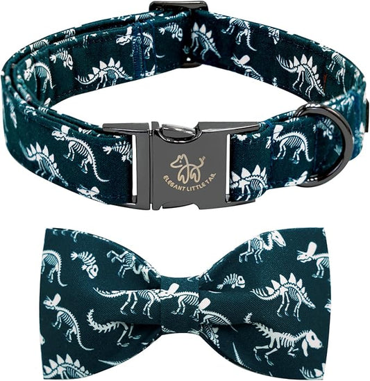 Elegant little tail Dog Collar, Dinosaurs Print Pet Collars with Bow Soft Cutton Boy Puppy Gift Adjustable Blue Bowtie Dog Collar for X-Small Dogs