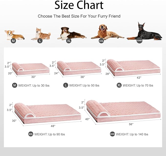 Orthopedic XL Dog Bed Large Sized Dog with Pillow 42''X28'', Waterproof Soft Comfortable Egg Crate Foam Pet Crate Beds Mat with Removable Washable Cover and Non-Slip Bottom, Pink