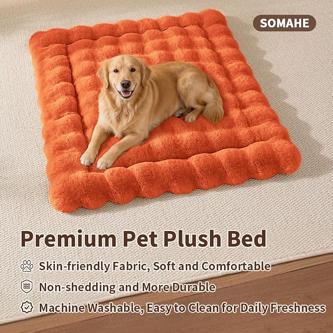 SOMAHE Large Dog Bed Mat, Extra Large Plush Faux Fur Washable Pet Bed for Large Dogs, Non-Slip Fluffy Dog Mat – Machine Washable XL Dog Sleeping Pad for Large Breeds, 35 x 27 Inch Orange
