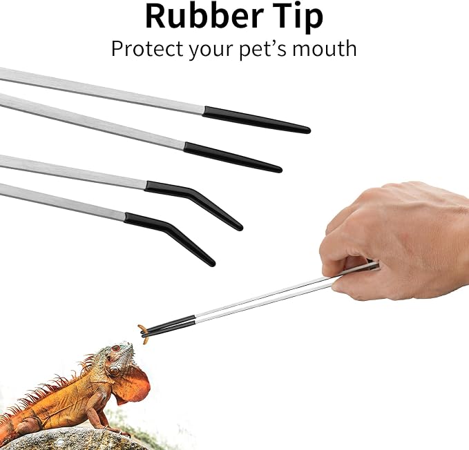 Novery 2PCS Stainless Steel Reptile Feeding Tongs with Rubber Tip, 10.6” Straight & Curved Long Tweezers for Aquarium or Craft, Bearded Dragon Tank Snakes Enclosure Accessories, Terrarium Supplies