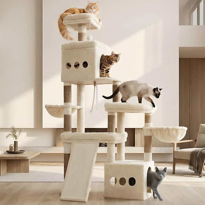 Heybly Cat Tree, 72.4-Inch Anti-Tip Cat Tower for Large Cats, All-in-One Cat Furniture with Spacious Perches, Multiple Interactive Areas, Extra-Large Sisal Scratching Board, Beige HCT060MJ