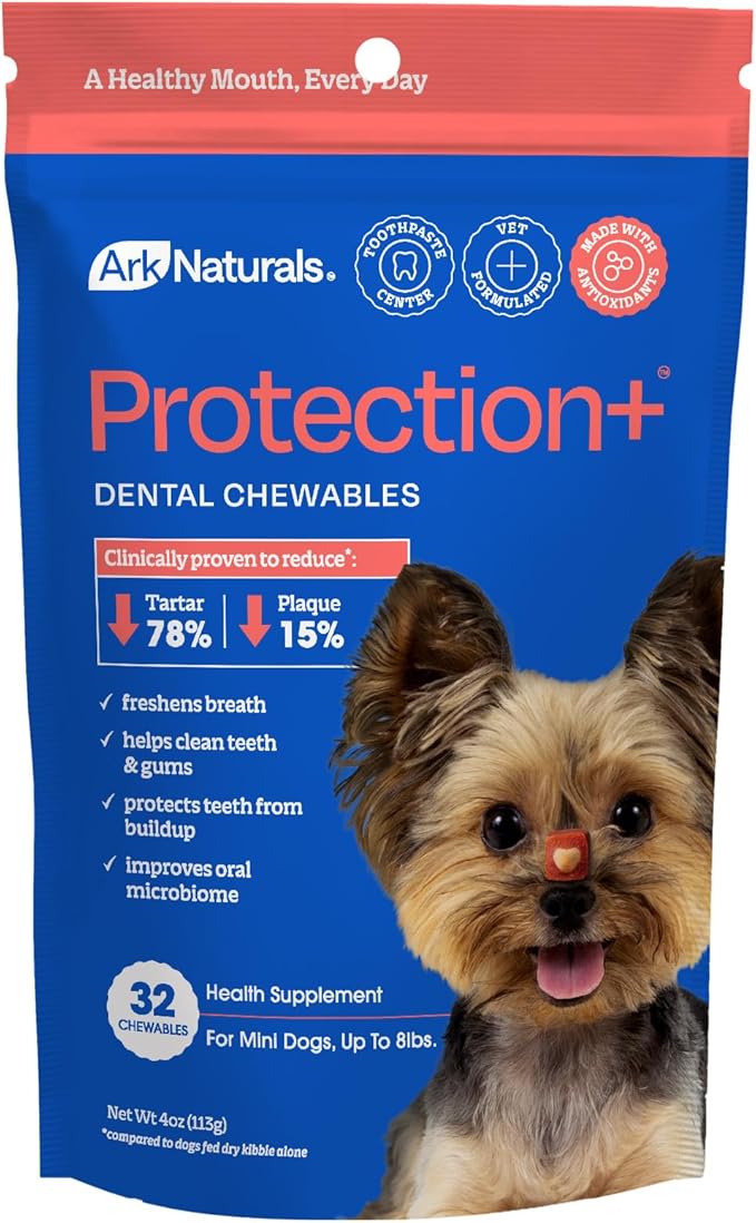 Ark Naturals Protection Plus Brushless Toothpaste for Mini Breeds, 4 oz Bag, Dog Dental Chew with Toothpaste Center, Prevents Plaque & Tartar, Freshens Breath
