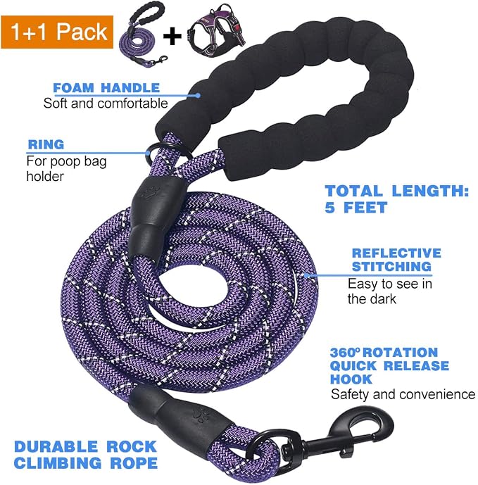 tobeDRI No Pull Dog Harness Adjustable Reflective Oxford Easy Control Medium Large Dog Harness with A Free Heavy Duty 5ft Dog Leash