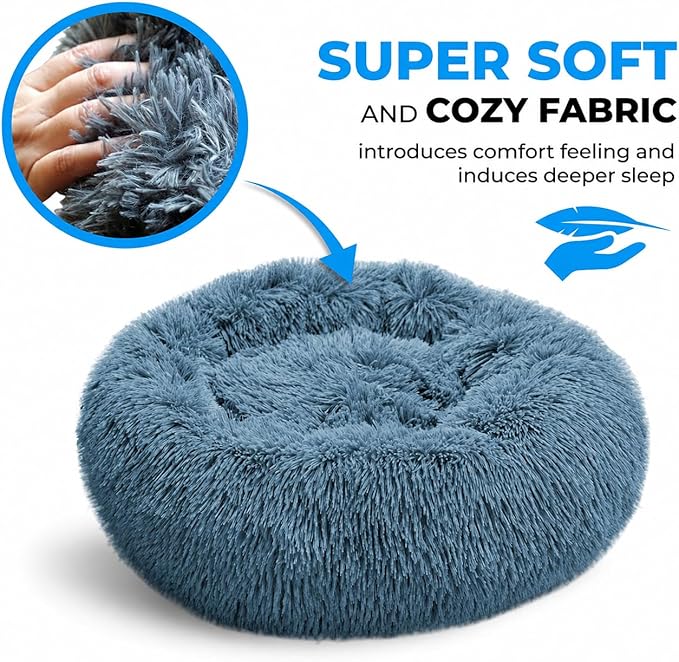 Whiskers & Friends Cat Beds for Indoor Cats, Fluffy Calming Donut Cat Bed, Small Dog Bed Washable - Orthopedic Soft Plush Pet Beds Sized for Kitten to Large Cats & Puppy to Medium Dogs, Navy Grey 31''
