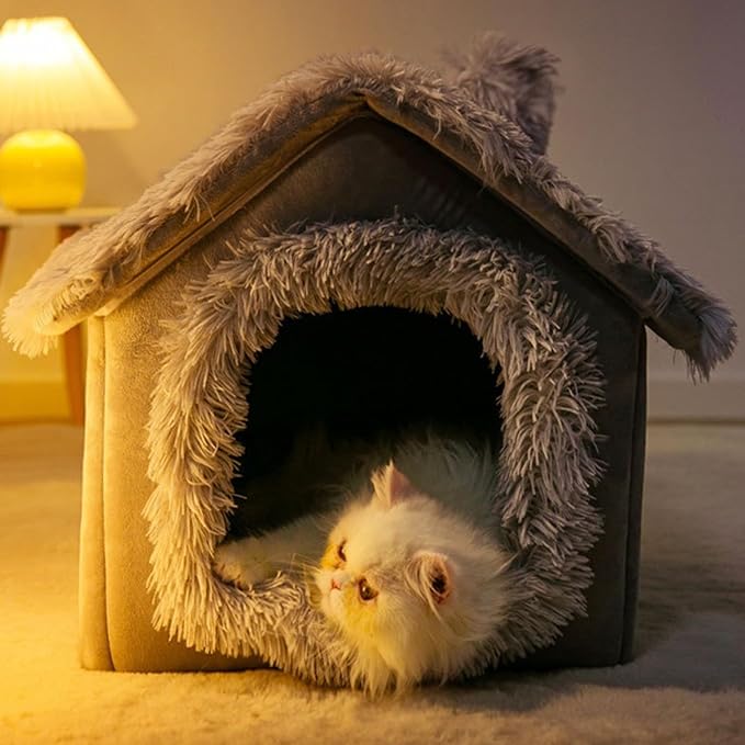 Enclosed Dog Bed, Soft and Warm Plush Dog Bed with Cover Cave Removable and Washable House Type Tent Huts for Indoor Pets M 15.8x13.8x15 Enclosed