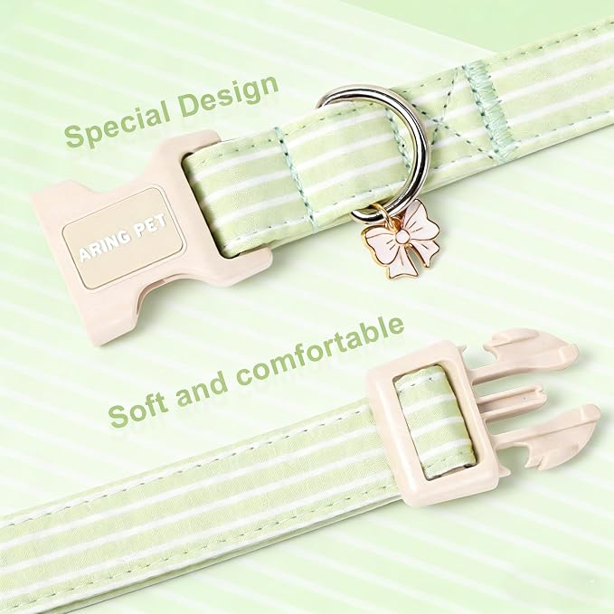 ARING PET Stripe Dog Collar, Cute Spring Summer Green Stripe Pet Collars with Bow Charm for Puppy Small Medium Large Boy Girl Dogs-XS, for Daily Outdoor Walking Training