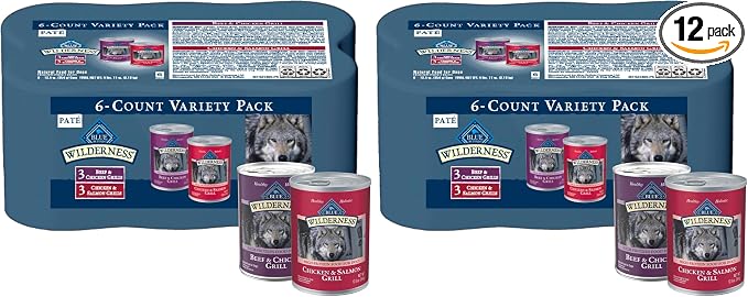Blue Buffalo Wilderness High Protein Beef and Chicken & Salmon and Chicken Wet Dog Food Variety Pack for Adult Dogs,Grain-Free,12.5 oz Cans,(Pack of 12)