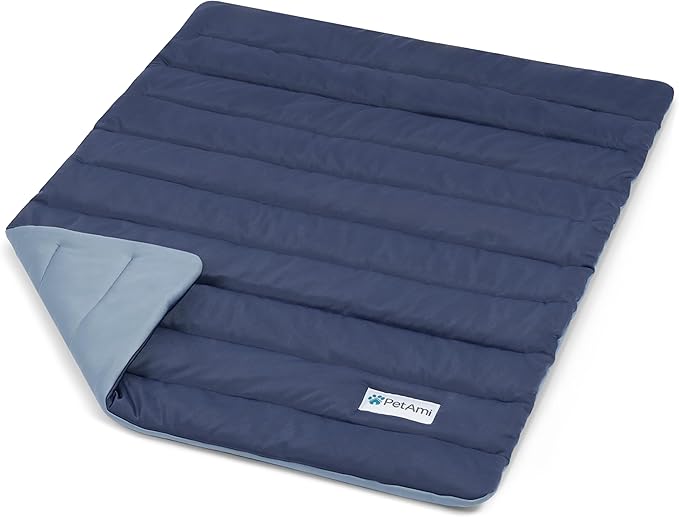 PetAmi Dog Cooling Mat, Q-Max Pet Cooling Blanket with Thick Cushioning, Self Cooling Pad for Dogs & Cats, Reversible Summer Mat for Crate, Couch, Kennel, Navy/Dusty Blue, Small (24x32)