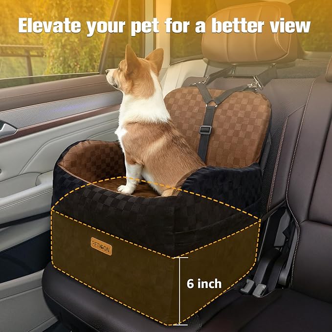 PETICON Waterproof Dog Car Seat for Small Medium Dogs, 5in Memory Foam Pet Booster Seat for Dogs up to 35 lbs with Pockets, Detachable Washable Pet Carseat with Y-Shape Safety Belt (Brown, Medium)