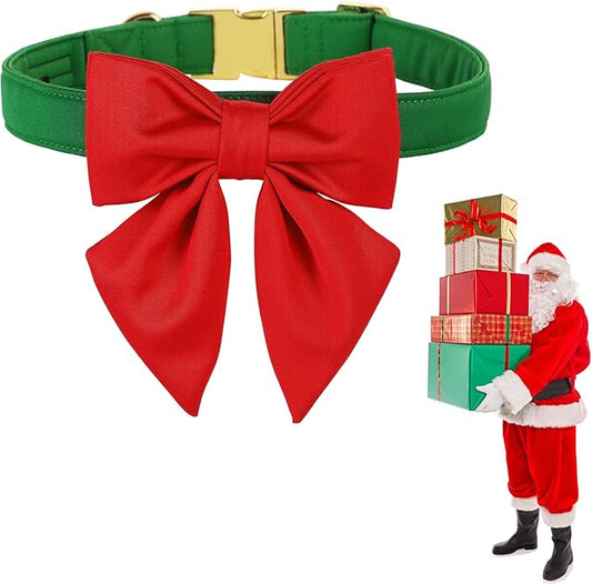 Maca Bates Christmas Grass Green Dog Collar with Cute Solid Sailor Bow Tie for Small Girl Boy Dogs,Adjustbale Durable Breakaway Soft Collars with Bowtie for Female Male Puppy,Pet