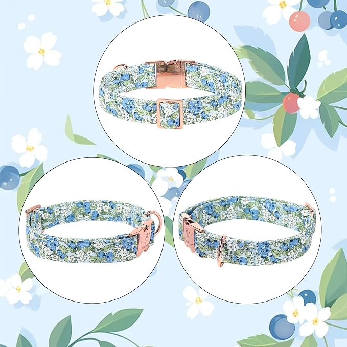 Blueberry Garden Dog Collar, Spring/Summer Cottagecore Floral Dog Collars, Adjustable Heavy Duty Girl Dogs Collar for Small Medium Large Dogs with Metal Buckle XS