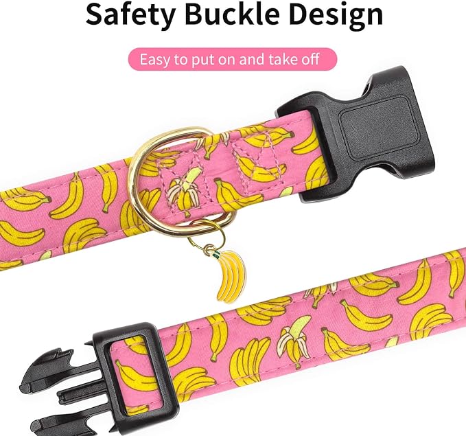 Cotton Dog Collar,Soft and Cute Puppy Collars with Banana Patterned Design for Girl Female Boy Dogs,Adjustable Buckle Pet Collar for Small Medium Large Dogs(Pink Banana, L)