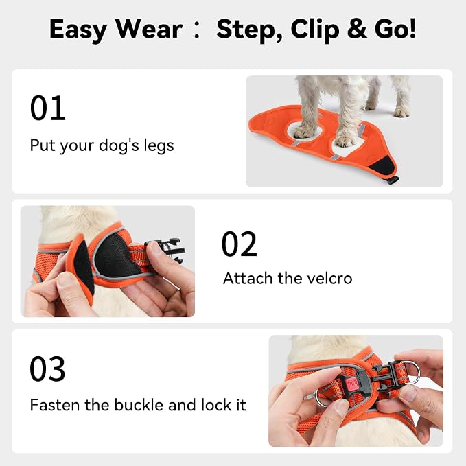 Joytale Small Dog Harness, Breathable Mesh Step-in Vest, Reflective Soft Padded Harnesses Small Sized Dog for Walking, Orange, S