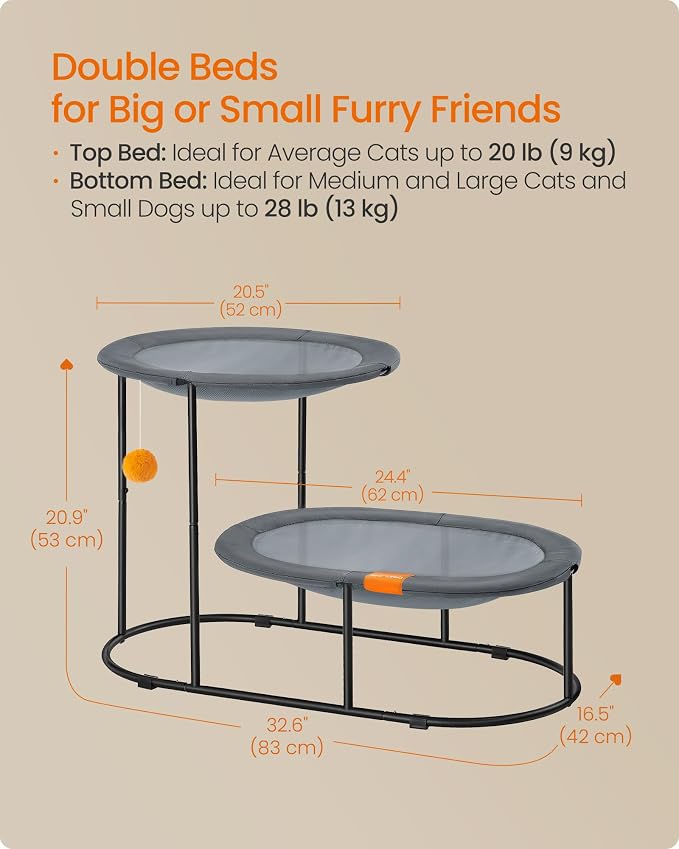 Feandrea 2-Tier Elevated Cat Hammock Bed, Breathable Furniture for Multi-Cat Households Indoor and Outdoor, with Removable Washable Mesh, Steel Frame, for Summer, Dove Gray UPCB012G01