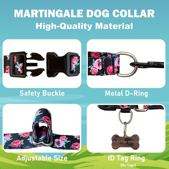 Martingale Collar for Dogs Pink Floral Dog Collars for Medium Dogs with Buckle Girl Female Soft Nylon Dog Collar (Black Pink Rose, M)