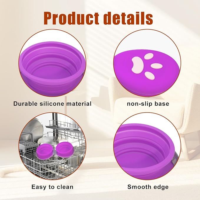 Collapsible Dog Bowls, 2-in-1 Silicone Pet Food and Water Bowl with Carabiner, Portable Double Compartment Dish for Travel, Camping, Hiking Puppy Essentials (A- Purple)