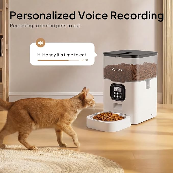 VOLUAS Automatic Cat Feeders - Dry Food Dispenser with Timer, Desiccant Bag, Programmable Portion Size Control 4 Meals Per Day, 10s Voice Recorder