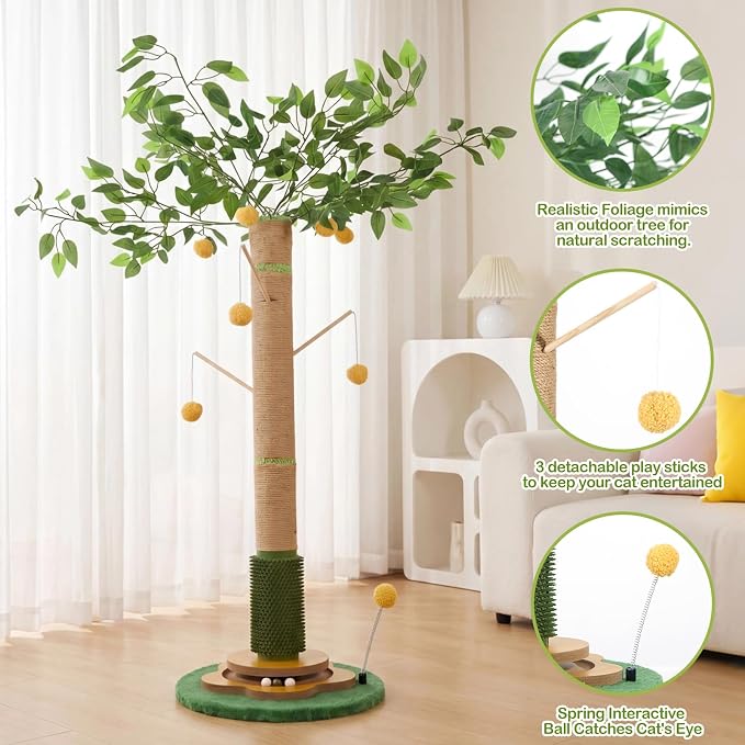 Tall Cat Scratching Post 51 Inch, Cat Scratching Post for Indoor Cats Adults, Sisal Cat Scratcher with Heavy Duty Stable Base & Hanging Toys & Self Grooming Brush for Kittens Medium Large Cats